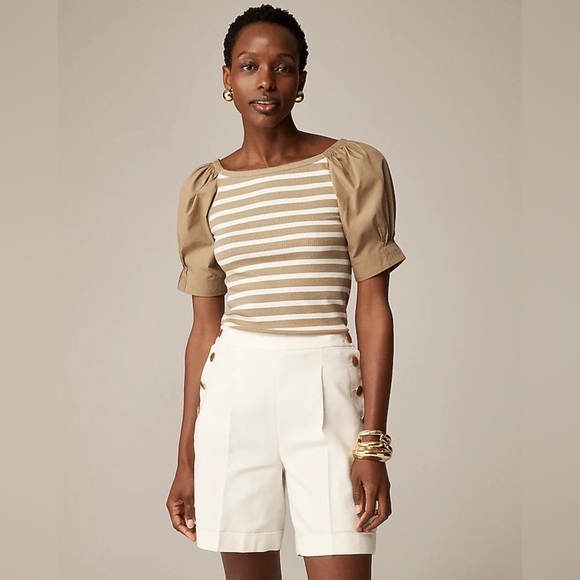 J. Crew Tops - J. Crew Khaki Striped Puff Sleeves Square Neck Ribbed Blouse NWT XS